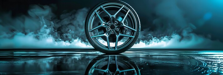 fresh alloy wheels that are forged. Gorgeous forged-rim sports wheels with a black-blue backdrop and a panorama photo copyspace  - obrazy, fototapety, plakaty