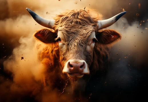 Portrait of a bull, buffalo, lots of dust around.