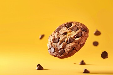 Chocolate Chip Cookie with Dynamic Chips Explosion on Yellow Background. Generative ai