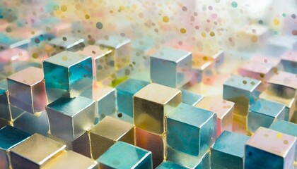 Multicolored abstract pastel background with glossy cubes, bokeh effect, magic dust, dots