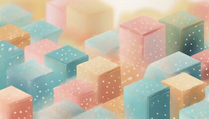 Multicolored abstract pastel background with glossy cubes, bokeh effect, magic dust, dots