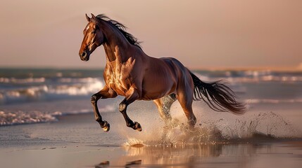 Realistic style photography - Andalusian breed horse running along a desert beach in sunset light. The horse runs and jumps along the beach shore at full speed, kicking up sand and water in its wake.  - obrazy, fototapety, plakaty