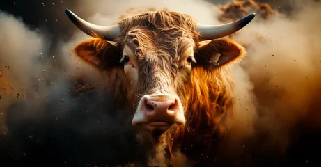 Foto op Plexiglas Portrait of a bull, buffalo, lots of dust around. © EUDPic