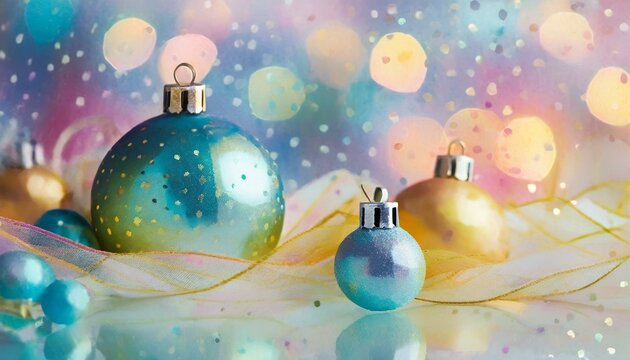 Semiabstract pastel, multicolored background with Christmas balls, transparent ribbons, reflections, and effect bokeh