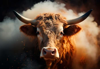 Poster Portrait of a bull, buffalo, lots of dust around. © EUDPic