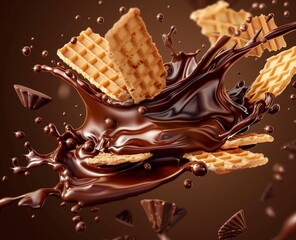A chocolatey splash of brown liquid with waffle cookies floating in it