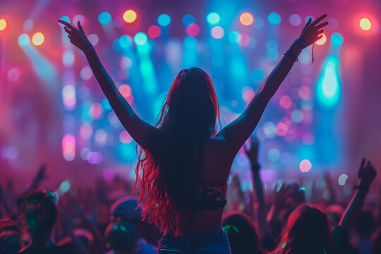 Young woman with hands in the air dancing at a concert. Neon colors blue and pink.