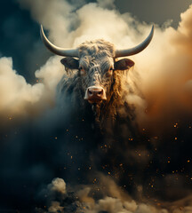 Portrait of a bull, buffalo, lots of dust around. - obrazy, fototapety, plakaty
