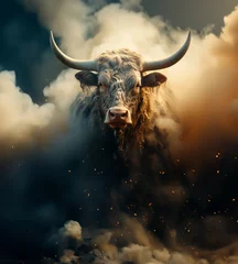 Foto auf Acrylglas Portrait of a bull, buffalo, lots of dust around. © EUDPic