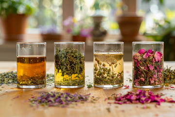 assortment of herbal tea infusions in transparent glasses with natural ingredients