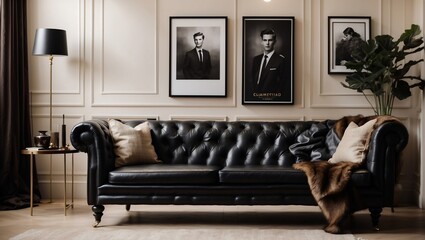 Interior clásico elegante con un sillón de cuero negro al estilo inglés Chesterfield con lámparas y cuadros