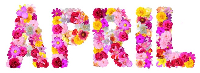 word april with various colorful flowers - 765974362