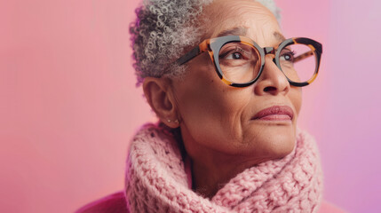 Cool grandma in cool and modern fashion wearing glasses on soft colors colorful background.