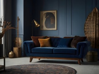 living room interior with blue sofa