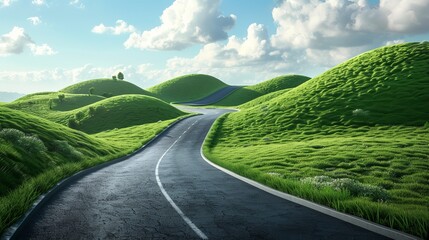 Road passing through verdant hills, 3D vector illustration - obrazy, fototapety, plakaty