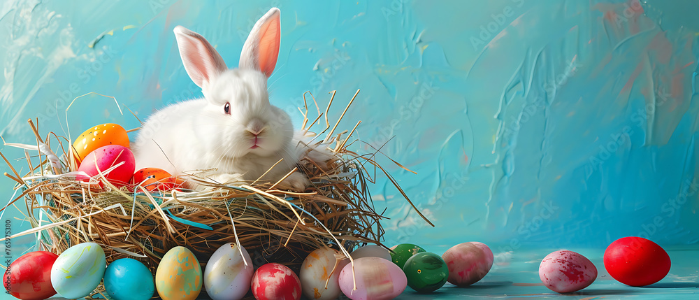 Wall mural A fluffy white bunny with pink ears is nestled in a straw nest. The bunny is surrounded by colorful Easter eggs