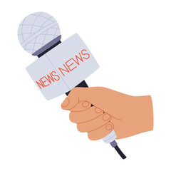 News illustration vector. Human hand and modern microphone. Journalism on flat design and white background concept.