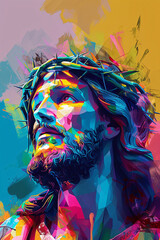 Jesus Christ with crown of thorns praying to god. Religion and christianity concept. Easter holiday. Artistic abstract background