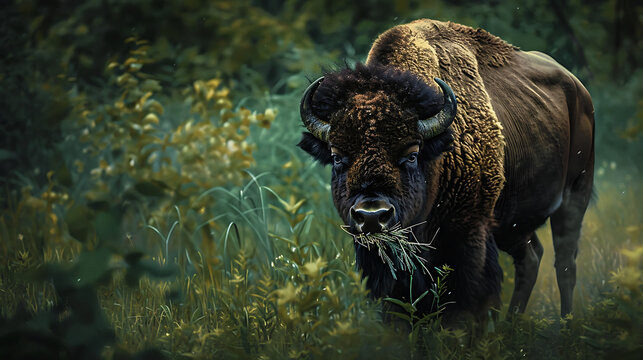 The image depicts a bison standing amidst lush greenery.
