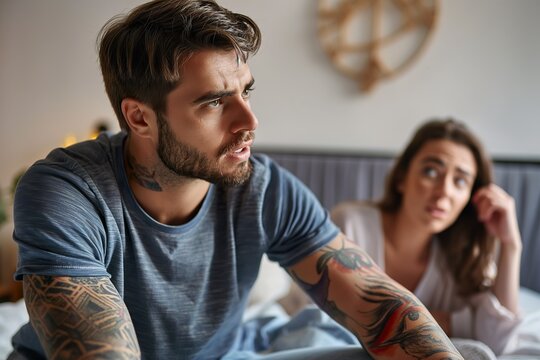 A young tattooed man is talking to a woman while sitting on a bed.