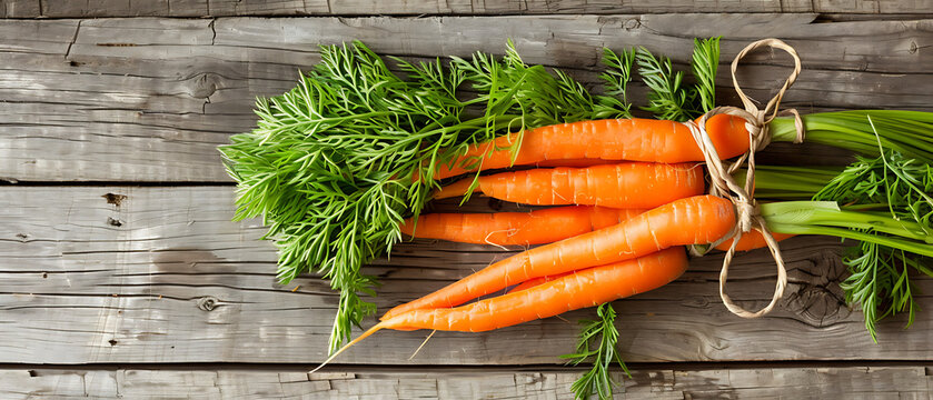 The image depicts a bunch of fresh, orange carrots with vibrant green tops