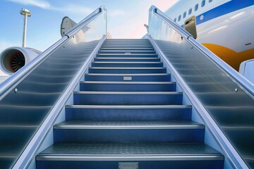 A view of a set of stairs leading up to a passenger airplane, ready for boarding.