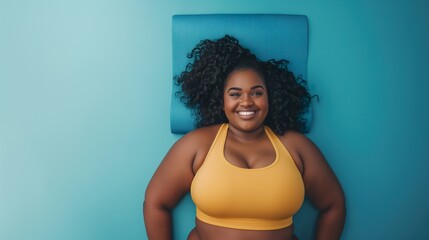 Plus size African American woman smiling while wearing a yellow sports bra.