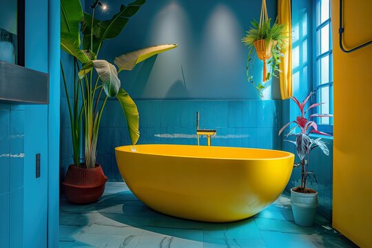 A Bathroom Featuring Blue Walls And A Yellow Bathtub, Showcasing A Bold Color Contrast.