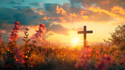 Attractive A wooden cross on top of a hill at sunset - obrazy, fototapety, plakaty