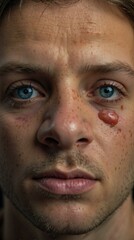 Obraz premium A man with a bruise on his face and blue eyes. Generative AI.