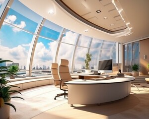A modern office with a large window overlooking the city. Generative AI.