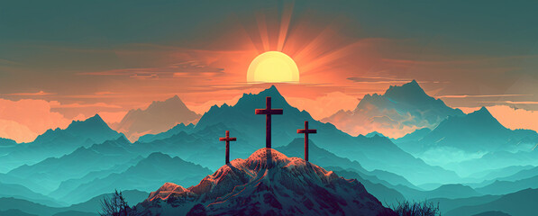 Ethereal Easter Morning - Triad of Crosses Crown the Summit in a Digital Illustration with a Sunburst Over Teal Mountain Silhouettes - obrazy, fototapety, plakaty