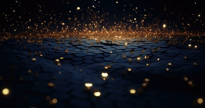 Glittering lights are shining on a dark surface. Generative AI.