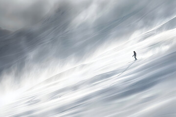 Cinematic slow motion camera photography of one skiing man in the snow mountins landscape, awesome blur art photo of a skier in high speed in a glacier, ai generated - obrazy, fototapety, plakaty