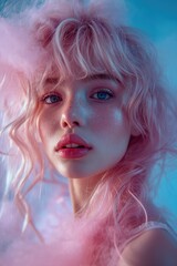 Close-up of a whimsical young woman with sparkling makeup, immersed in a dreamy, soft pink fantasy atmosphere.