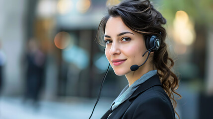 Woman in call center tele phone marketer looking at camera isolated on white background - Focused tele girl working as a tele phone marketer, directly engaging the camera.