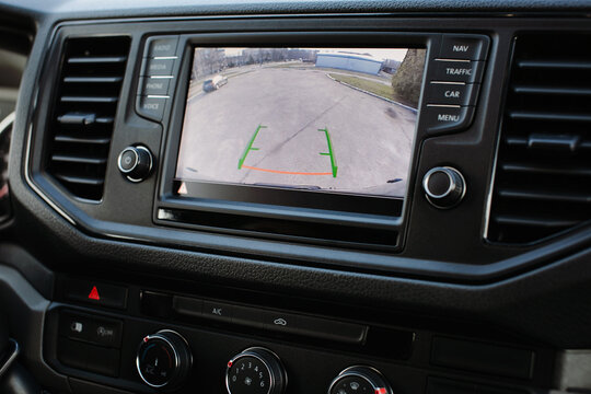 rear view camera is displayed on the monitor in the car.