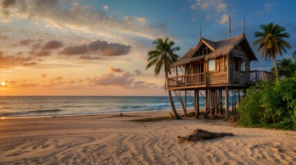 A small house on the beach with palm trees and a sunset. Generative AI.