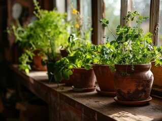 Fototapeta na wymiar A row of pots filled with plants sit on a window sill. Generative AI.