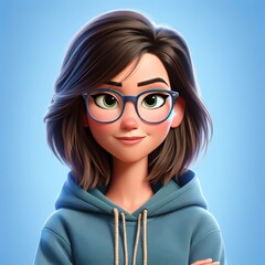 Trendy digital avatar showcasing contemporary 3D art style. Stylized female character with glasses in modern digital illustration. Casual and cool 3D-rendered female persona in a virtual setting.