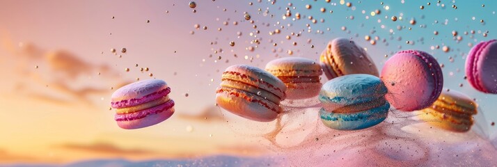 Macarons in a variety of colors are captured in motion against a sunset sky, creating an image that feels both whimsical and delightful.