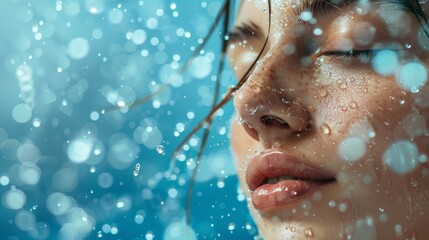 Detailed portrait of a woman's face with clear water droplets. Captivating eyes and full lips accentuated by moisture against a blue backdrop.