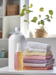 Bottle of fabric detergent and a pile of clean towels in the laundry room
