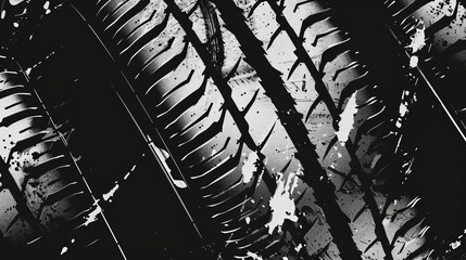 Tire tread marks, wheel textures, tire marks from off-road, rally, motocross, car racing, and other events. Grunge-inspired vector black isolated texture - obrazy, fototapety, plakaty