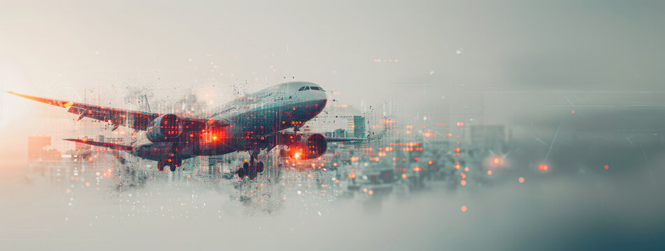 Airplane over city with digital data flow, symbolizing global connectivity and business air travel, in blue, gray, red, white, and black tones. - Powered by Adobe