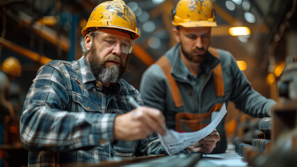 worker reads plans at work