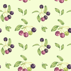 Seamless pattern with maqui berries. Pink and violet and green berry digital paper for scrapbooking, tumbler wrap, paper crafts. Hand-drawn watercolor cliparts for textile, apparel