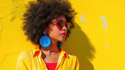 Stylish woman with afro against a vivid yellow wall, embracing bold summer fashion