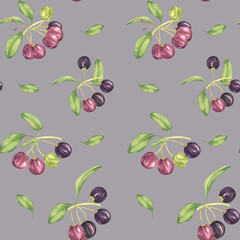 Seamless pattern with maqui berries. Pink and violet and green berry digital paper for scrapbooking, tumbler wrap, paper crafts. Hand-drawn watercolor cliparts for textile, apparel