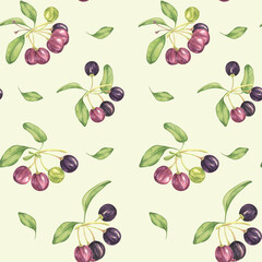 Seamless pattern with maqui berries. Pink and violet and green berry digital paper for scrapbooking, tumbler wrap, paper crafts. Hand-drawn watercolor cliparts for textile, apparel